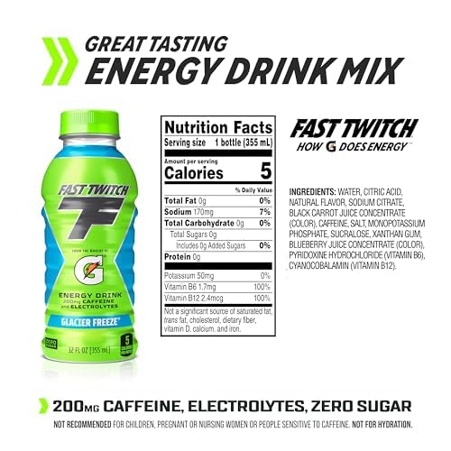 FAST TWITCH ENERGY DRINK FROM GATORADE, GLACIER FREEZE, 12 FL OZ BOTTLES, (12 PACK), 200MG CAFFEINE, ZERO SUGAR, ELECTROLYTES