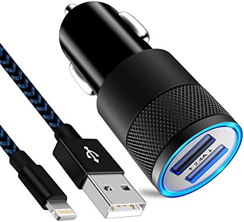 BULESK iPhone Car Charger, 24W 3.1A Rapid Dual Port USB Car Charger Adapter With 3FT Lightning USB Cable Charging Cord for iPhone X 8 7 Plus 6S 6 SE 5S 5, iPad, iPod (Black Blue)