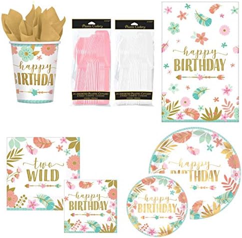 BOHO 2nd Birthday Party Supplies Pack for 16 Guests | Baby Girl Two Wild Theme (Standard ParteePak)