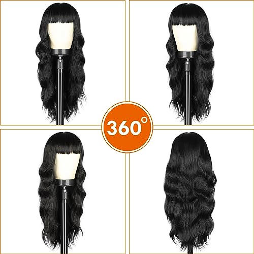 POPTAIYU Black Wigs with Bangs Long Wavy Wig for Women Curly Natural Black Wavy Hair Wigs Heat Resistant Synthetic Fiber Wigs for Daily Party Use 26 Inches (Black)