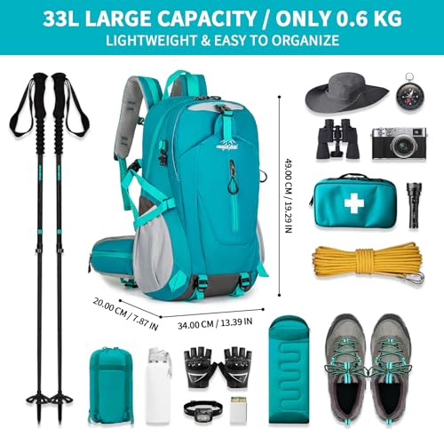 Amythe Teenager Hiking Backpack Large Capacity 33L, Lightweight Backpack with Chest Strap, Waterproof School Backpacks for Trekking, Viagens and Camping, Blue