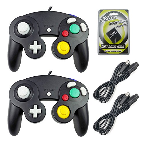 AreMe 2 Packs Game Cube Controllers with 2 Extension Cables and 128mb Memory Card for Nintendo Wii GameCube GC Console(Black)