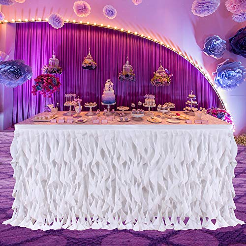 Haperlare 6ft Curly Willow White Table Skirt, Tulle Table Skirt for Rectangle or Round Table Tutu Tablecloth Table Skirting for Wedding Party Baby Shower Birthday Banquet Table Decorations