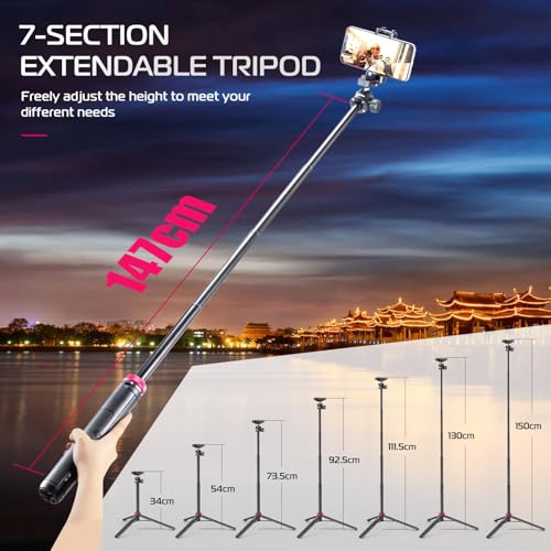 ULANZI MT-44 Mobile Phone Camera Tripod 147 cm 2-in-1 Selfie Stick Remote Control, 360° Ball Head, Cold Shoe Mobile Phone Holder, 1/4 Inch Thread Compact Travel Tripod Tripod for DSLR Cameras Canon Samsung iPhone