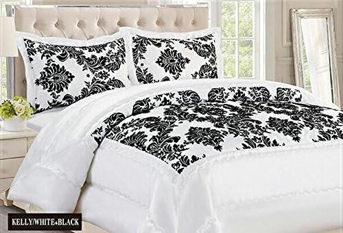New Damask Luxury Super Soft 3pc Flock Quilted Bedspread Comforter Bed - White Black (Double Bed (220cm X 240cm)) by M Premier