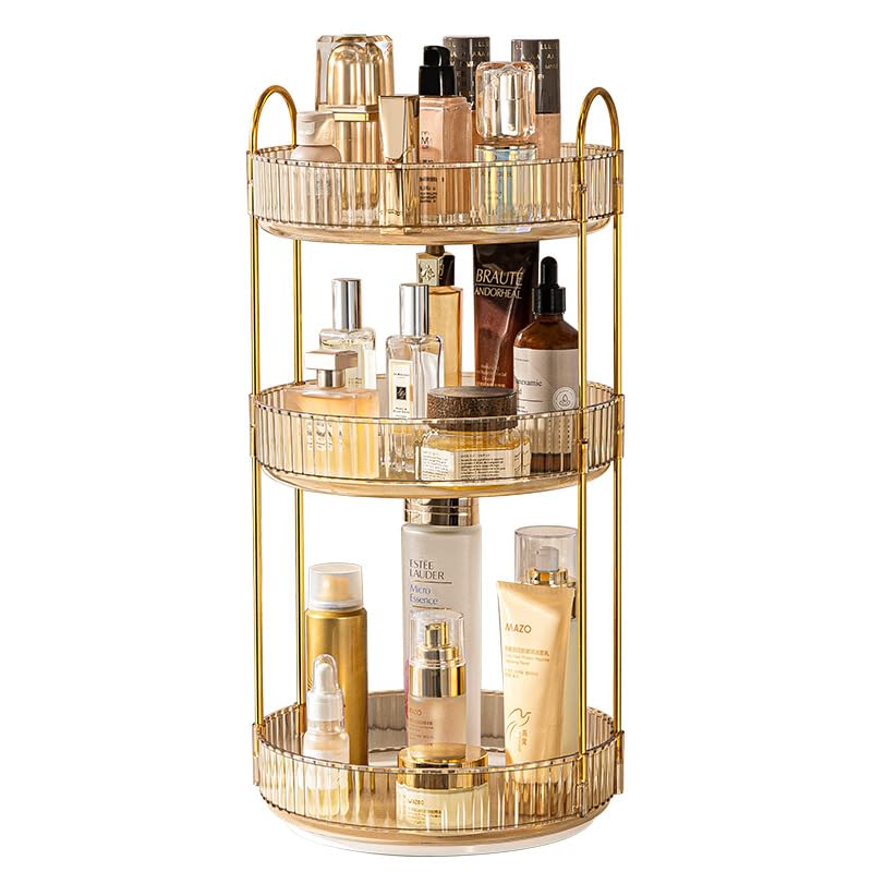 Makeup Organiser for Vanity, 360° Rotating Bathroom Organiser Countertop, High-Capacity Skincare Organiser, Spinning Cosmetics Organiser for Vanity Dresser Bathroom (3 Tiers, Amber) — image 1