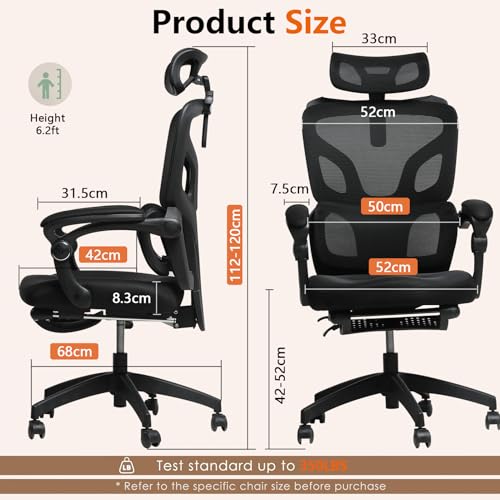 Ergonomic Office Chair,350lbs Heavy Duty Chair with Adjustable Lumbar Support & Headrest, 90-135° Recline Lock, Footrest, Buttock-Care Cushion, Breathable Mesh Computer Gaming Chair for Home Office