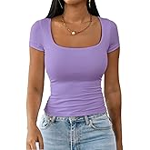 Dwnval Womens Summer Sexy Square Neck Tops Double Lined Short Sleeve Shirts Slim Fit Crop Top