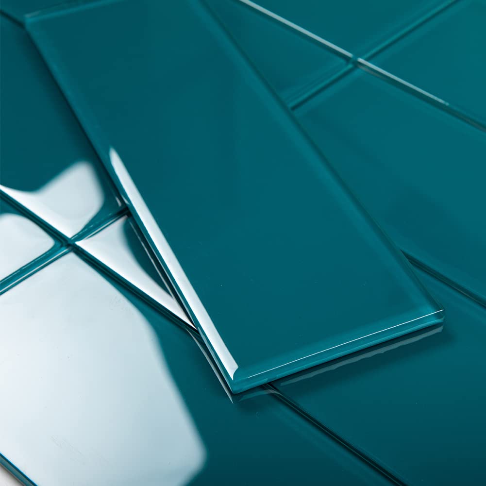 Photo 1 of Adedeo Glass Subway Tile 4 x 12 Inch Dark Teal for Kitchen Backsplash Bathroom Wall Pack of 12 Sheets