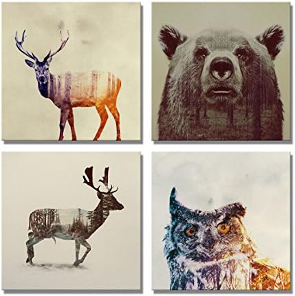 The Decor Shop - Canvas Prints Animal Photos on Canvas Wall Art Double-exposure EffectFramed Modern Decor Paintings Giclee Artwork for Home Decoration Beer Sika Deer &amp; Owl 12x12inch