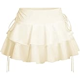 PRSFPN Women's Y2k Mini Ruffle Skirts with Shorts Tiered Layers Cute Elastic Waist Coquette Skort Drawstring Side Bow Tie