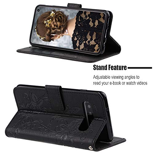 Funyye Wrist Strap Leather Cover for Samsung Galaxy S10,Black Magnetic Flip Butterfly Embossing Flower Pattern Folio Wallet Case with Stand Credit Card Holder Slots Case for Samsung Galaxy S10
