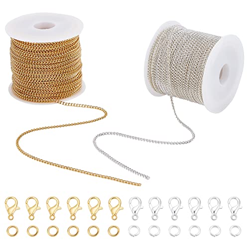 CHGCRAFT 32.8 Feet/Color 2Colors Iron Crooked Chains Curb Chains Iron Bulk Curb Chain for DIY Craft Jewelry Chain Making with 60 Lobster Clasps and 60 Jump Rings