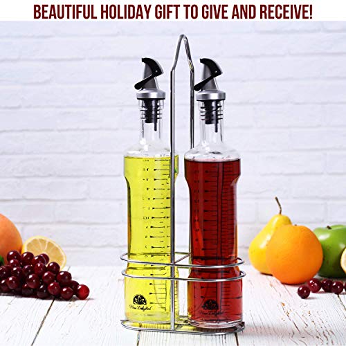 Premium Oil and Vinegar Dispenser Set in Stainless Steel Rack - BPA-Free Olive Oil Dispenser with Self-Closing Covered Spout - 17oz Round Slim Bottle Design & Dual OZ/ML Markings - Bonus Refill Funnel
