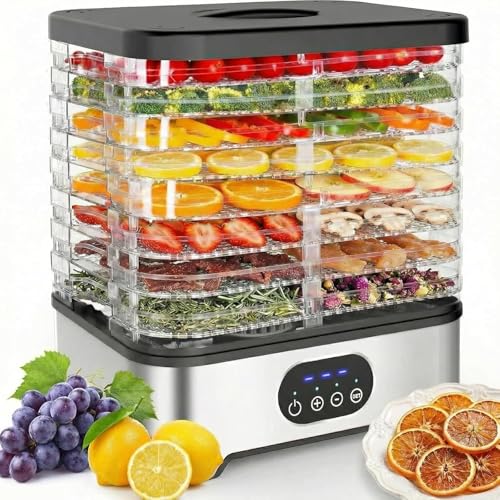 Hcosmy Food Dehydrator Machine, 8 BPA‑Free Trays Food Dryer, Adjustable 72H Timer & Temperature Levels F1-F3 (35‑70°C), Kitchen Drying Machine for Fruit, Vegetables, Meat, Healthy Snacks & Dog Treats