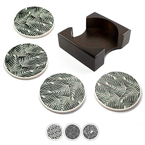 Coaster Set of 4 with Holder | Stone Drink Coasters Set, Absorbent with Beautiful Wood Holder | Made of Ceramic with Cork Back, Absorbs Spills