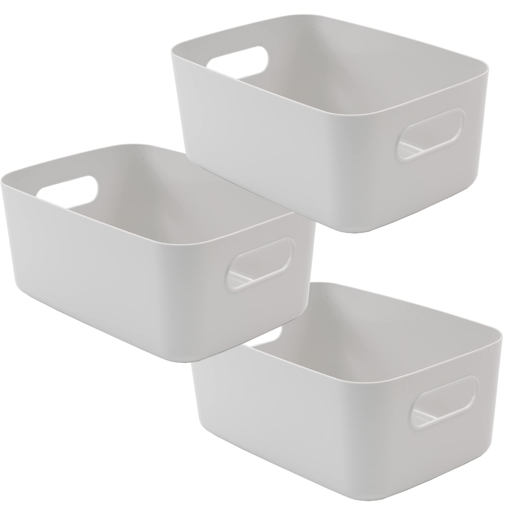 SA Products Set of 3 Storage Box - Grey Storage Boxes With Handle - Stackable & Minimalist Rectangular Plastic Storage Baskets - Stylish Cupboard Organiser For Kitchen, Home, Office and Bathroom