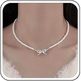 Yheakne Vintage Crystal Bow Pearl Choker Necklace Silver Cz Bow Pendant Necklace Tiny Rhinestone Bow Knot Necklace White Pearl Bead Chain Necklace Jewelry for Women