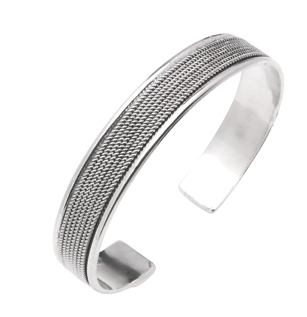 Treasure Bay Men's Silver Bangle Bracelet Open Cuff - Classic Solid 925 Sterling Silver Braided Chain Details Bangle for men - Adjustable bangle