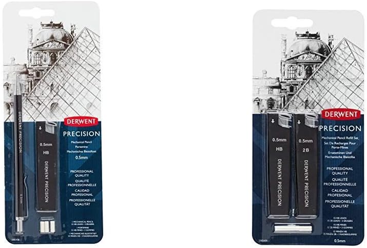 Derwent 0.5 mm Precision Mechanical Pencil, HB Leads and Erasers Included, Professional Quality, 2302428 &0.5 mm Precision Mechanical Pencil Refill Set, HB/2B Leads and Erasers, Professional Quality