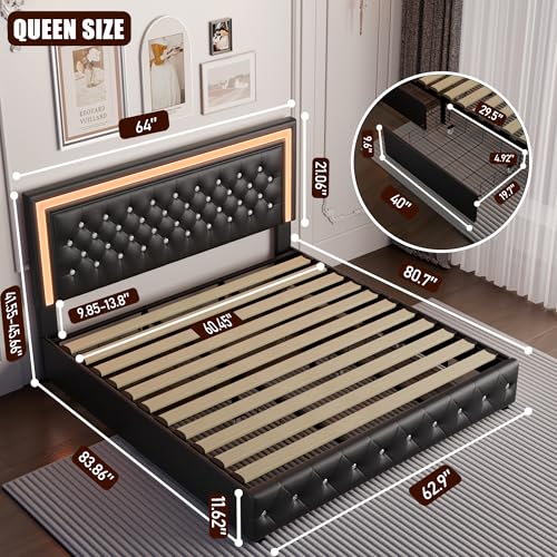 Queen Bed Frame with 4 Storage Drawers, LED Bed Frame with Remote Control Rhythm Sync Light, Adjustable Diamond Tufted Headboard, No Box Spring Needed, PU Black