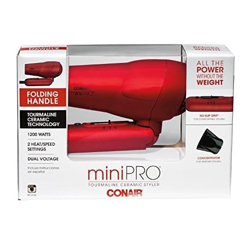 Conair miniPRO Tourmaline Ceramic Hair Dryer with Folding Handle, Travel Hair Dryer, Red - Image 6