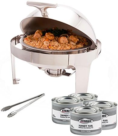 PrestoWare  PWR-1RR, Round Roll-Top Chafer with Stand, Stainless Steel 5 Quart Chafing Dish Set with 4 Chafing Dish Methanol Gel Fuels and 16-Inch Stainless Steel Multi-Function Tong