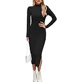 Wkior Women Long Sleeve Midi Dress Crewneck Bodycon Ribbed Knit Slim Sweater Dress 2025 Fall Trendy Outfits