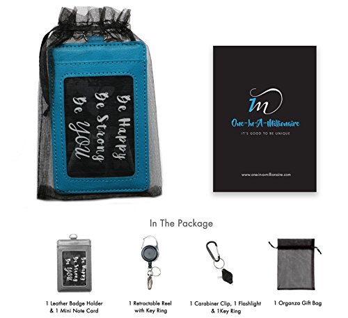 Genuine Leather ID Badge Holder Wallet with Heavy Duty Carabiner Retractable Reel, Key Ring and Metal Clip, 3 Card Pockets. Holds Multiple Cards & Keys. Key Chain Flashlight. Vertical. Carolina Blue