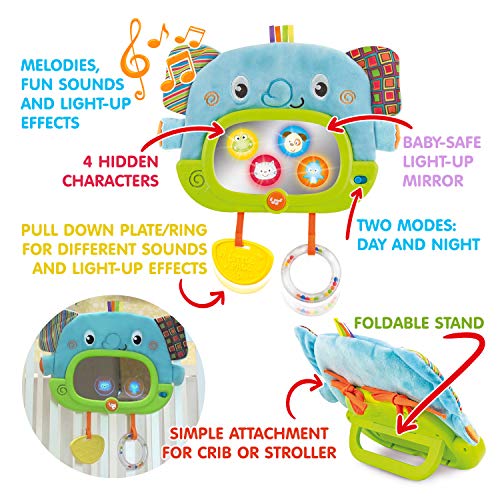 espejo musical tummy time con soporte y accesorio para cuna, playgym o stoller - espejo de piso de elefante suave con personajes ocultos - modos de juego diurno y de canción de cuna nocturna - 0+ meses