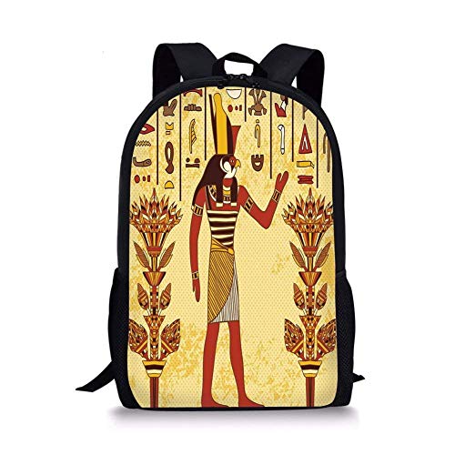 School Bags Ethnic,Ancient Egyptian Hieroglyph with Pharaoh Retro Myth Papyrus Graphic,Light Yellow Red Marigold for Boys&Girls Mens Sport Daypack