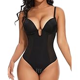 SHAPERIN Women's Backless Body Shaper Bra Faja U Plunge Low Back Thong Shapewear Tummy Control Deep V Bodysuit