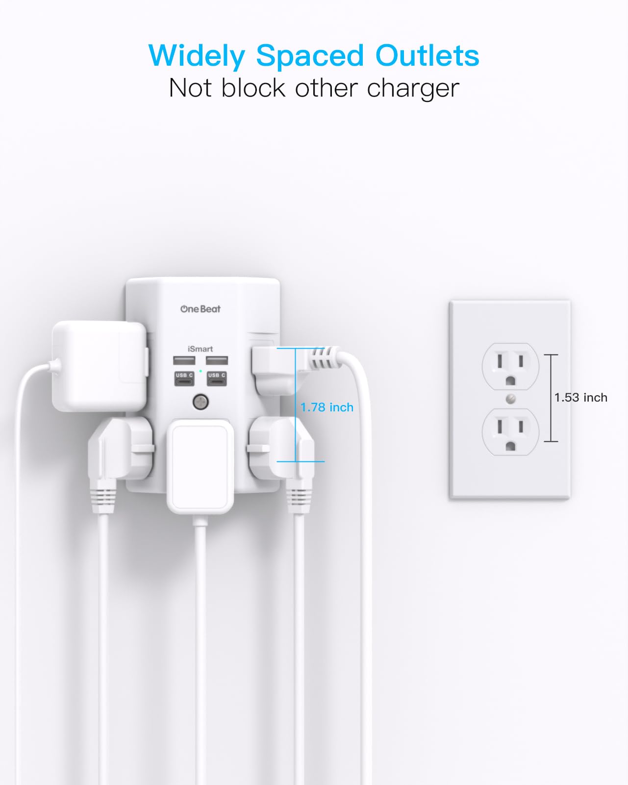 One Beat 1680J 3 Side Power Strip Multi Plug Expander, Surge Protector, 5 Outlets Extender, 4 USB Ports (USB C), Wall Mount Charger, Outlet Splitter Adapter for Home, Travel, Office, ETL Listed, White