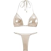 Women's Metallic Triangle Halter Bikini Sets Shiny Tie Back Pearl String Two Piece Swimsuit Bathing Suit Set
