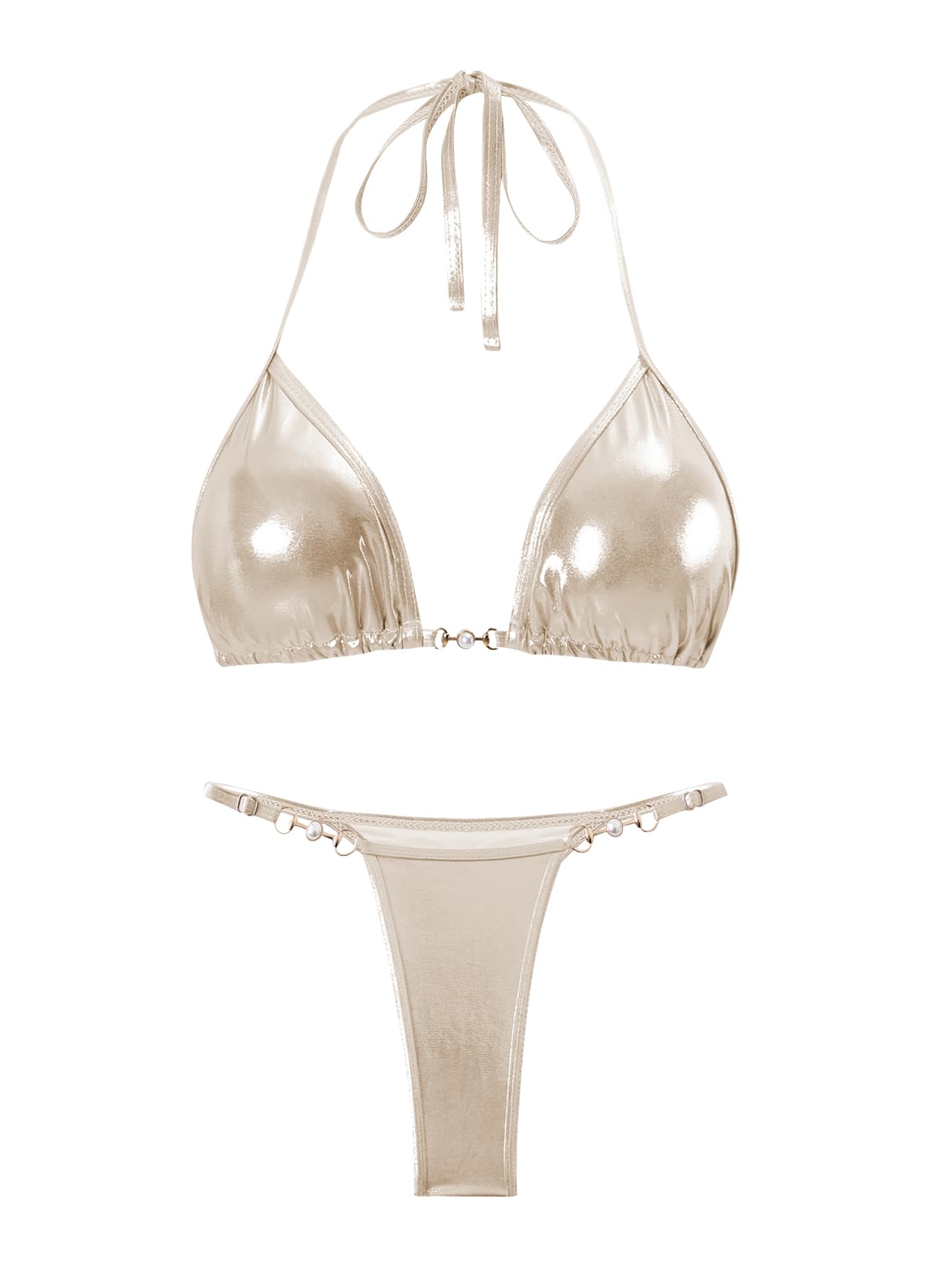 Photo 1 of Amy Babe Women's Metallic Triangle Halter Bikini Sets Shiny Tie Back Pearl String Two Piece Swimsuit Bathing Suit Set(Gold, US2-4)