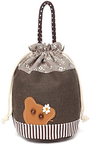 Cute Leather Animal Canvas Drawstring Totes Handbag Storage Organizer Pouch Coffee