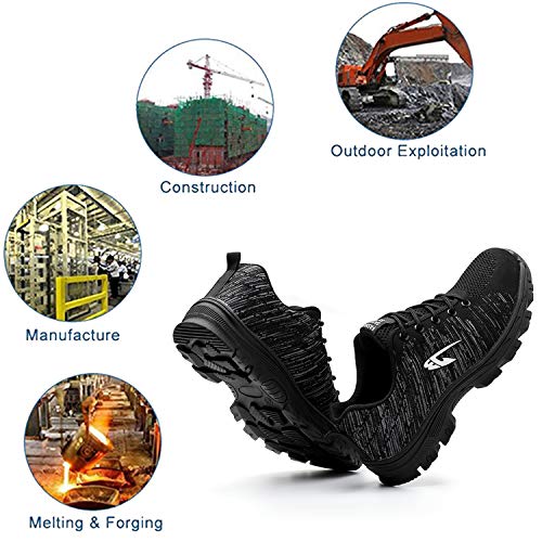 SUADEX Indestructible Steel Toe Shoes for Women Men, Safetry Shoes Breathable Puncture Proof Steel Toe Sneakers Work Shoes Construction Shoes 536 Black Size 9 Women/7.5 Men