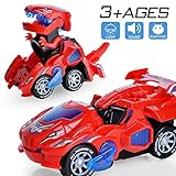 Sunnhan Transforming Toys, 2 in 1 Transforming Dinosaur LED Car Dinosaur Transform Car Toy Automatic Dinosaur Dino Transformer Toy Car Lamps for Kids,Toddlers ( Ages 3-12, Red)