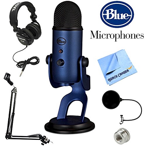 Blue Microphones Yeti USB Microphone + Professional Headphones + Suspension Boom Scissor Arm Stand + Microphone Wind Screen + Mic Stand Adapter + MicroFiber Cloth (Midnight Blue)
