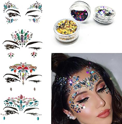 UAYF Rhinestone Mermaid Face Jewels Tattoo 4 Sets Festival Rainbow Tears Temporary Stickers And Free Body Glitter