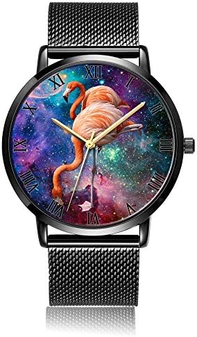 Whiterbunny Customized Galaxy Flamingo Wrist Watch Unisex Fashion Black Steel Strip/Black Dial Plate