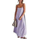 Senllen Women's Linen Dress Summer Loose Flowy Sundress Contrast Spaghetti Strap Sleeveless Backless Beach Maxi Long Dresses