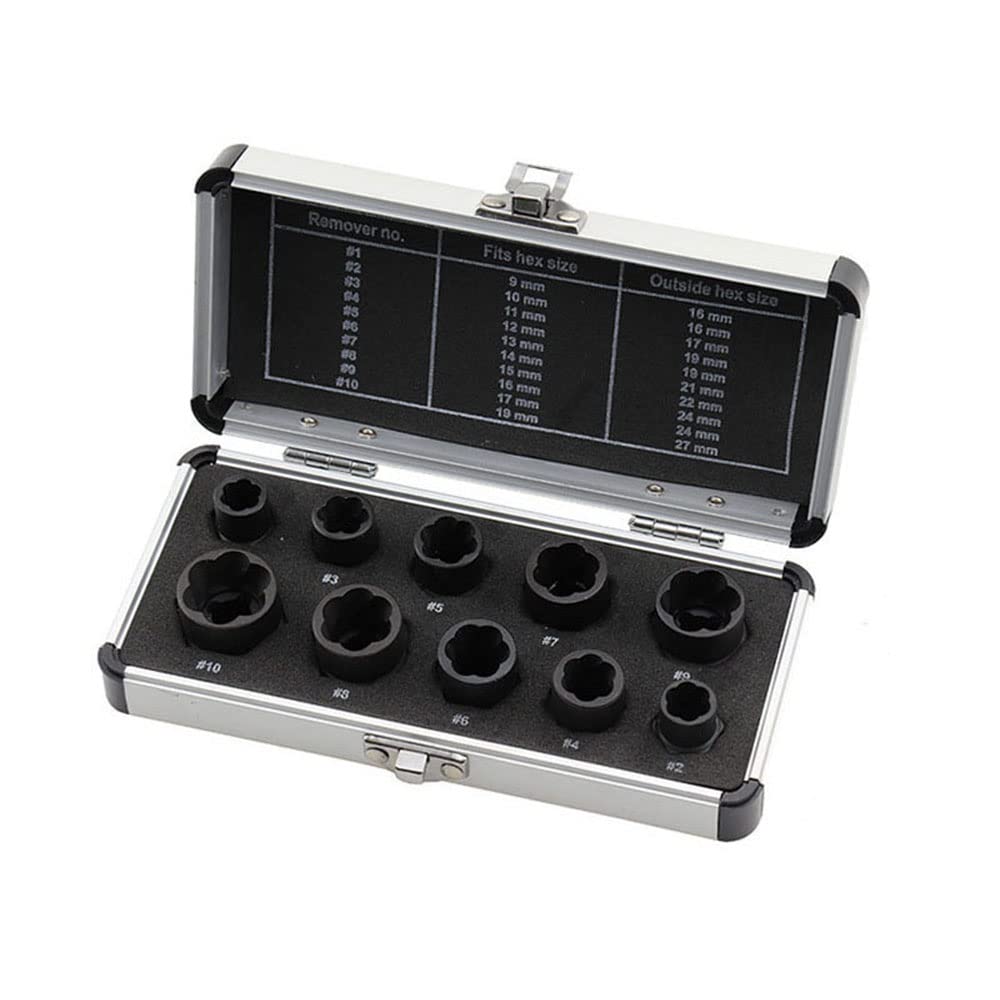 10 Pcs Impact Bolt & Nut Remover Set, Bolt Screw Extractor Set, Nut Remover Tool with Aluminium Storage Case for Removing Damaged Frozen Rusted Rounded-Off Bolts Nuts