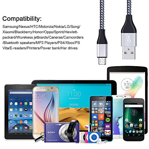 PS4 Micro USB Cable, CIQILY 5-Pack 6ft Long Nylon Braided 2.0 USB Android Cable Sync and Charging USB Cord for Samsung Galaxy S3/S4/S6 Edge S7, Note 4 5, HTC, LG,Tablet, Xbox One, PS 4 Pro