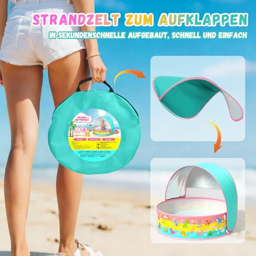 Baby Paddling Pool with Roof, Pop-Up Beach Shelter, Baby UV Protection 50+ with Storage Bag, 4-in-1 Portable Baby Pool with Sun Protection, Summer Must-Haves for Beach, Holiday, Camping and Picnic