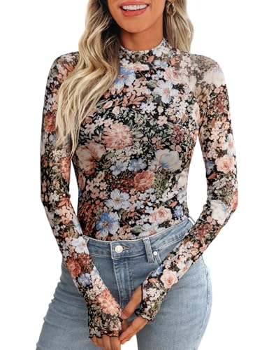Dealmore Lace Sheer Long Sleeve Floral Mesh Mockneck Trendy Cute Going Out Tops for Women Fall Fashion Outfits 2025 Clothes