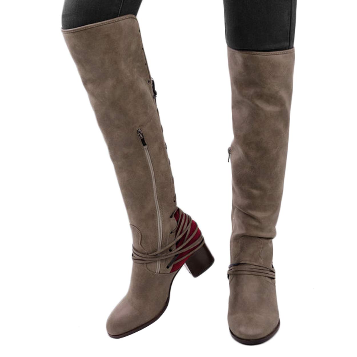 Susanny Women\'s Wide Calf Knee High Boots Low Chunky Heel Shoes Fashion Zipper Strappy Retro Riding Boot Taupe 10.5 B (M) US