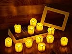 LED Flameless Tea Light Candles, Realistic Look of Melted Wax, Amber Yellow Flickering Bulb, Battery Operated- Perfect for Wedding, Holiday and Party Decorations(Yellow Body, 12-pack)