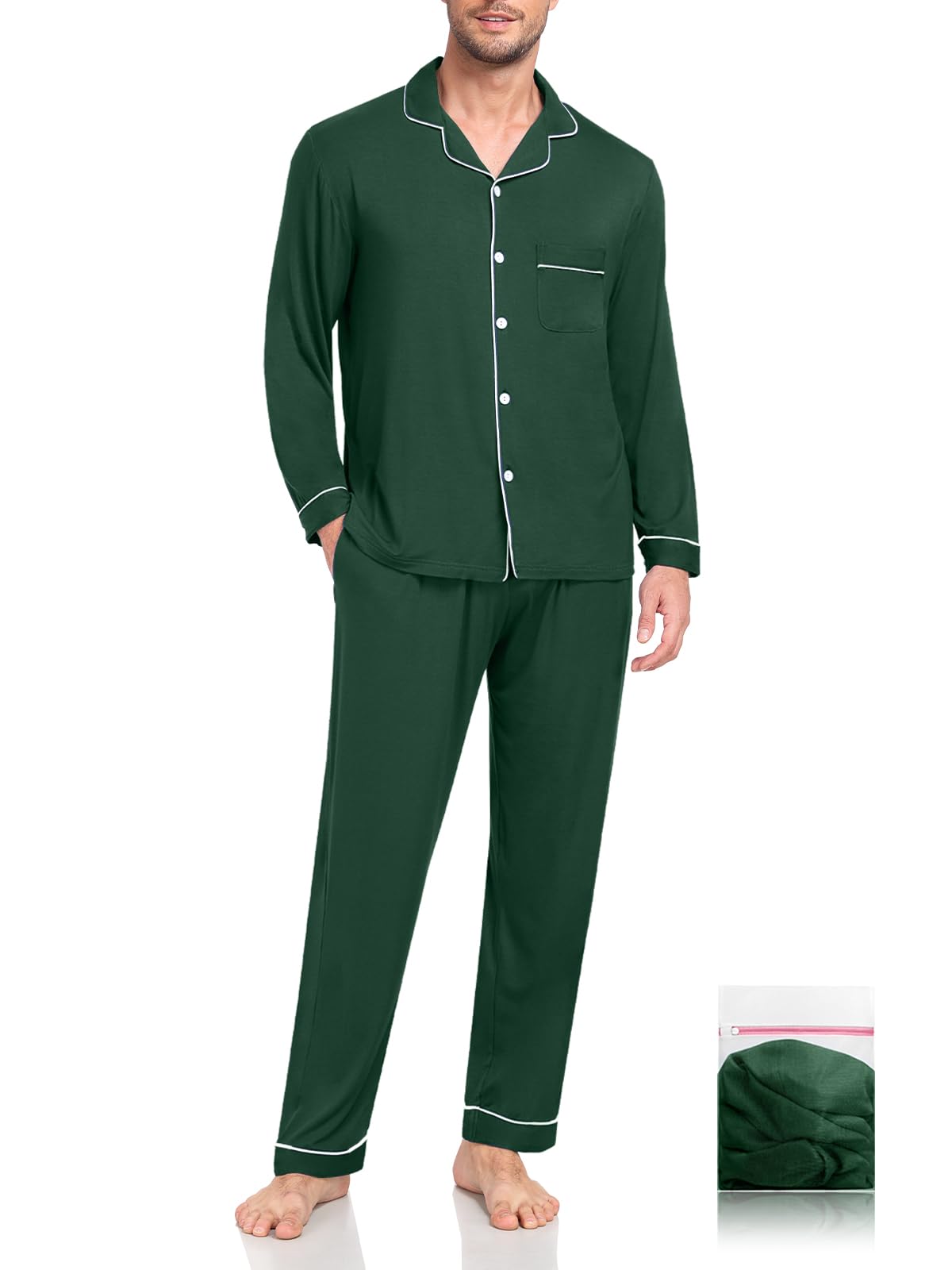 Photo 1 of YOPUGEE Mens Christmas Pajama Modal Long Sleeve Comfy Cotton 2 Pcs Pjs Lightweight Soft Button Down Loungewear Green XL