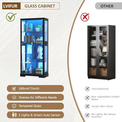 180 cm Display Cabinet with Glass Doors, Modern Curio Cabinet with 3 Color Lights, 7-Tiers Glass Display Cases for Collectibles, Tall Lego Storage Cabinet with Human Body Sensor (Black)